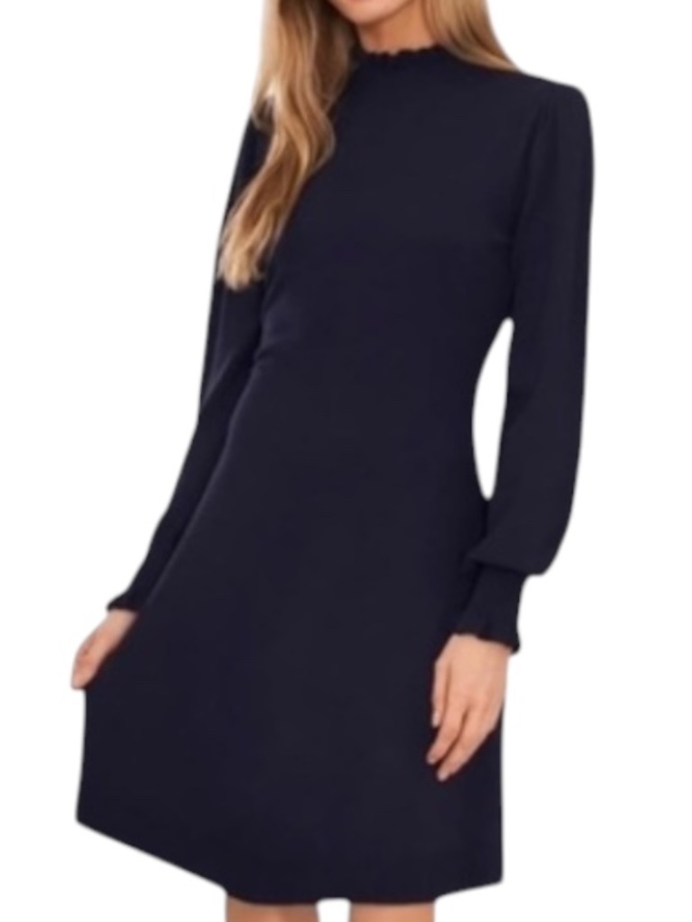 CeCe Navy Mock Neck Sweater Dress XS Fit & Flare Smocked Cuffs